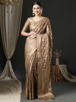 Akhilam - Womens Satin Silk Beige Woven Design Designer Saree with Unstitched Blouse