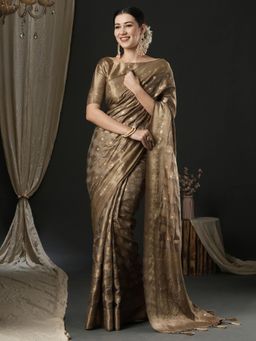 Akhilam - Womens Satin Silk Beige Woven Design Designer Saree with Unstitched Blouse