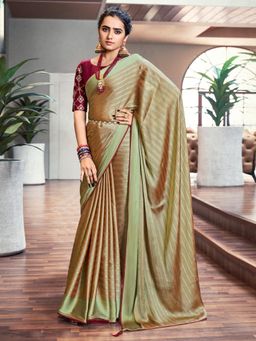 Sareemall - Womens Satin Olive Embellished Celebrity Saree with Unstitched Blouse