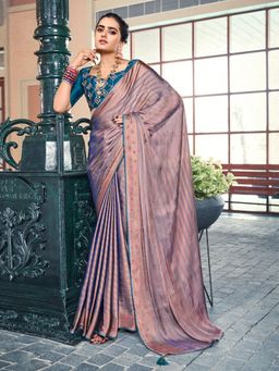 Sareemall - Womens Satin Rose Gold Embellished Celebrity Saree with Unstitched Blouse
