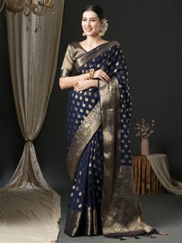Akhilam - Womens Georgette Navy Blue Woven Design Designer Saree with Unstitched Blouse