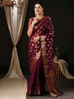 Akhilam - Womens Georgette Burgundy Woven Design Designer Saree with Unstitched Blouse