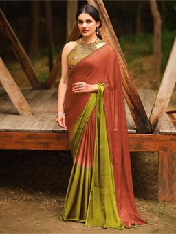 Sareemall - Womens Chiffon Brown Embellished Celebrity Saree with Unstitched Blouse