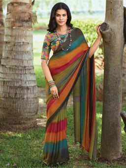 Sareemall - Womens Chiffon Multi-Color Embellished Celebrity Saree with Unstitched Blouse