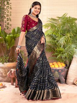 Sareemall - Womens Cotton Silk Navy Blue Woven Design Designer Saree with Unstitched Blouse