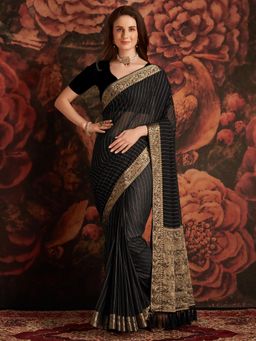 Akhilam - Womens Georgette Black Woven Design Designer Saree with Unstitched Blouse
