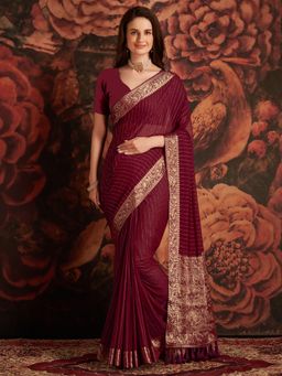 Akhilam - Womens Georgette Magenta Woven Design Designer Saree with Unstitched Blouse