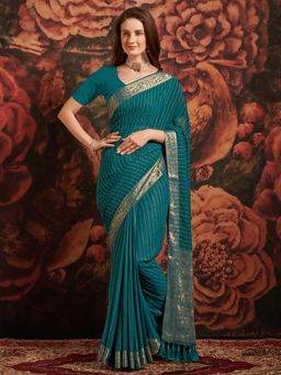 Akhilam - Womens Georgette Teal Blue Woven Design Designer Saree with Unstitched Blouse