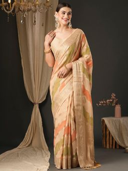 Akhilam - Womens Georgette Cream Woven Design Designer Saree with Unstitched Blouse