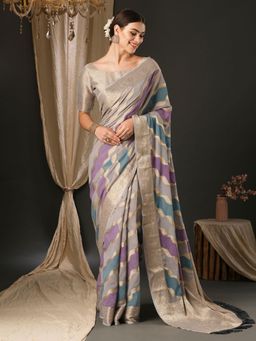 Akhilam - Womens Georgette Grey Woven Design Designer Saree with Unstitched Blouse