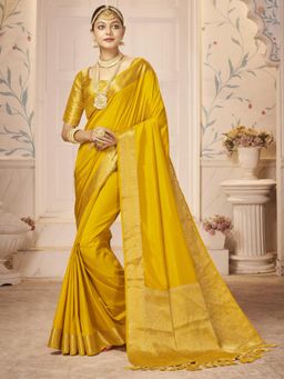 Akhilam - Womens Nylon Yellow Woven Design Designer Saree with Unstitched Blouse