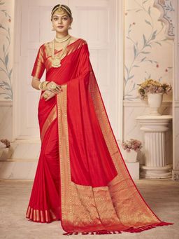 Akhilam - Womens Nylon Red Woven Design Designer Saree with Unstitched Blouse