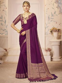 Akhilam - Womens Nylon Purple Woven Design Designer Saree with Unstitched Blouse
