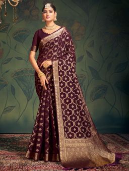Akhilam - Womens Georgette Purple Woven Design Designer Saree with Unstitched Blouse