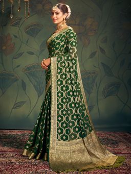 Akhilam - Womens Georgette Green Woven Design Designer Saree with Unstitched Blouse