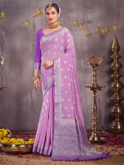Akhilam - Womens Georgette Mauve Woven Design Designer Saree with Unstitched Blouse