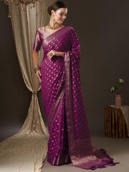Akhilam - Womens Georgette Purple Woven Design Designer Saree with Unstitched Blouse