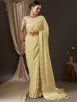 Akhilam - Womens Georgette Yellow Woven Design Designer Saree with Unstitched Blouse