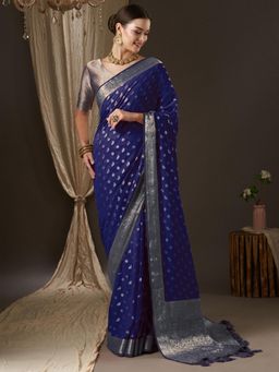 Akhilam - Womens Georgette Navy Blue Woven Design Designer Saree with Unstitched Blouse