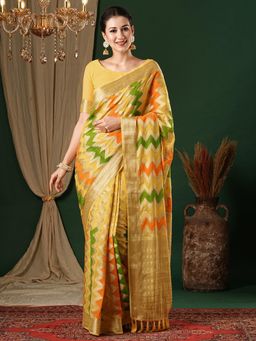 Akhilam - Womens Georgette Yellow Woven Design Designer Saree with Unstitched Blouse