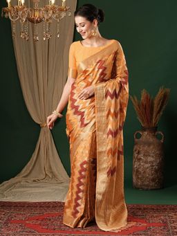 Akhilam - Womens Georgette Peach Woven Design Designer Saree with Unstitched Blouse