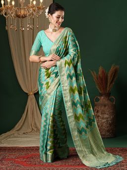 Akhilam - Womens Georgette Turquoise Woven Design Designer Saree with Unstitched Blouse