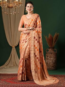 Akhilam - Womens Georgette Peach Woven Design Designer Saree with Unstitched Blouse