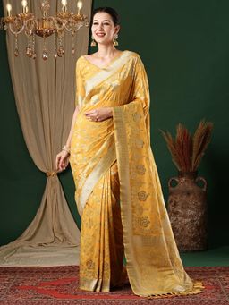 Akhilam - Womens Georgette Yellow Woven Design Designer Saree with Unstitched Blouse