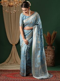 Akhilam - Womens Georgette Light Blue Woven Design Designer Saree with Unstitched Blouse
