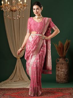 Akhilam - Womens Georgette Pink Woven Design Designer Saree with Unstitched Blouse
