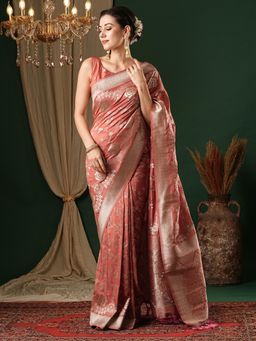 Akhilam - Womens Georgette Brown Woven Design Designer Saree with Unstitched Blouse