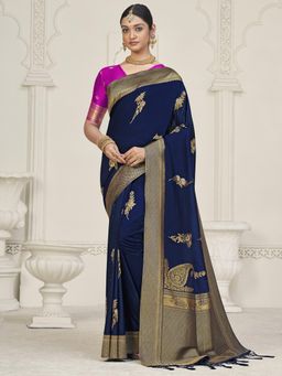 Akhilam - Womens Dola Silk Navy Blue Woven Design Designer Saree with Unstitched Blouse