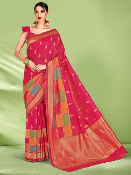 Akhilam - Womens Silk Blend Pink Woven Design Designer Saree with Unstitched Blouse