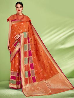 Akhilam - Womens Silk Blend Orange Woven Design Designer Saree with Unstitched Blouse
