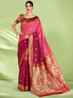 Akhilam - Womens Silk Blend Pink Woven Design Designer Saree with Unstitched Blouse