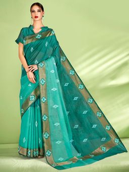 Akhilam - Womens Silk Blend Green Woven Design Designer Saree with Unstitched Blouse