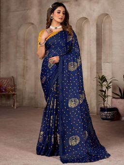 Sareemall - Womens Chiffon Navy Blue Printed Celebrity Saree with Unstitched Blouse