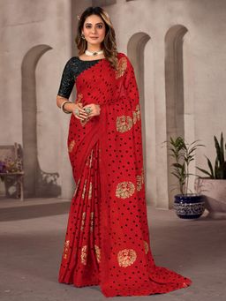 Sareemall - Womens Chiffon Red Printed Celebrity Saree with Unstitched Blouse