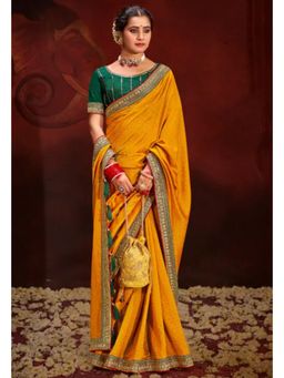 Sareemall - Womens Vichitra Silk Yellow Embellished Designer Saree with Unstitched Blouse