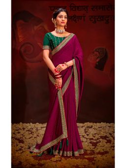 Sareemall - Womens Vichitra Silk Magenta Embellished Designer Saree with Unstitched Blouse