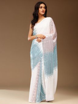 Akhilam - Womens Georgette White Embellished Designer Saree with Unstitched Blouse