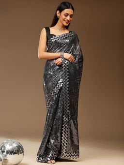 Akhilam - Womens Georgette Black Embellished Designer Saree with Unstitched Blouse
