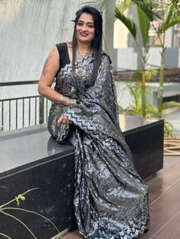 Akhilam - Womens Georgette Black Embellished Designer Saree with Unstitched Blouse