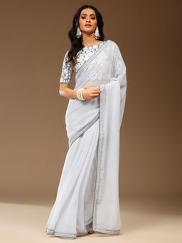 Akhilam - Womens Georgette Grey Embroidered Designer Saree with Unstitched Blouse