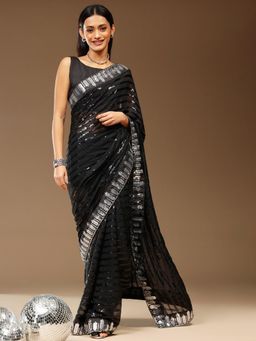 Akhilam - Womens Georgette Black Embellished Designer Saree with Unstitched Blouse