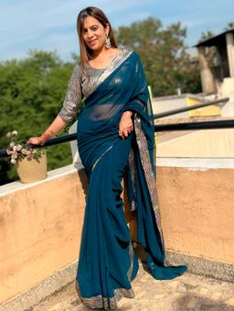 Akhilam - Womens Georgette Teal Blue Embellished Designer Saree with Unstitched Blouse