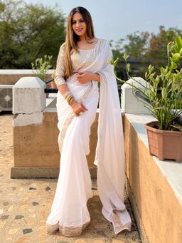 Akhilam - Womens Georgette White Embellished Designer Saree with Unstitched Blouse