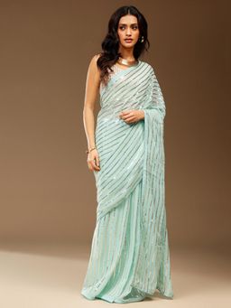 Akhilam - Womens Georgette Turquoise Embellished Designer Saree with Unstitched Blouse