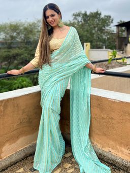 Akhilam - Womens Georgette Turquoise Embellished Designer Saree with Unstitched Blouse