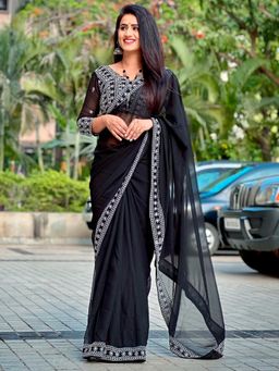 Akhilam - Womens Georgette Black Embroidered Designer Saree with Unstitched Blouse